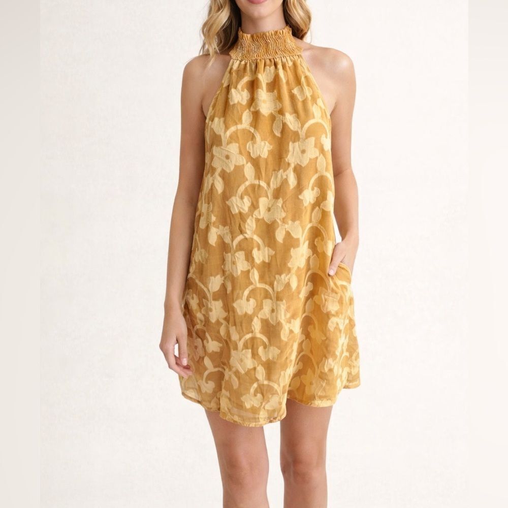 Willow & Clay Dress Butter Yellow Brown Floral Halter Romantic Party SZ S